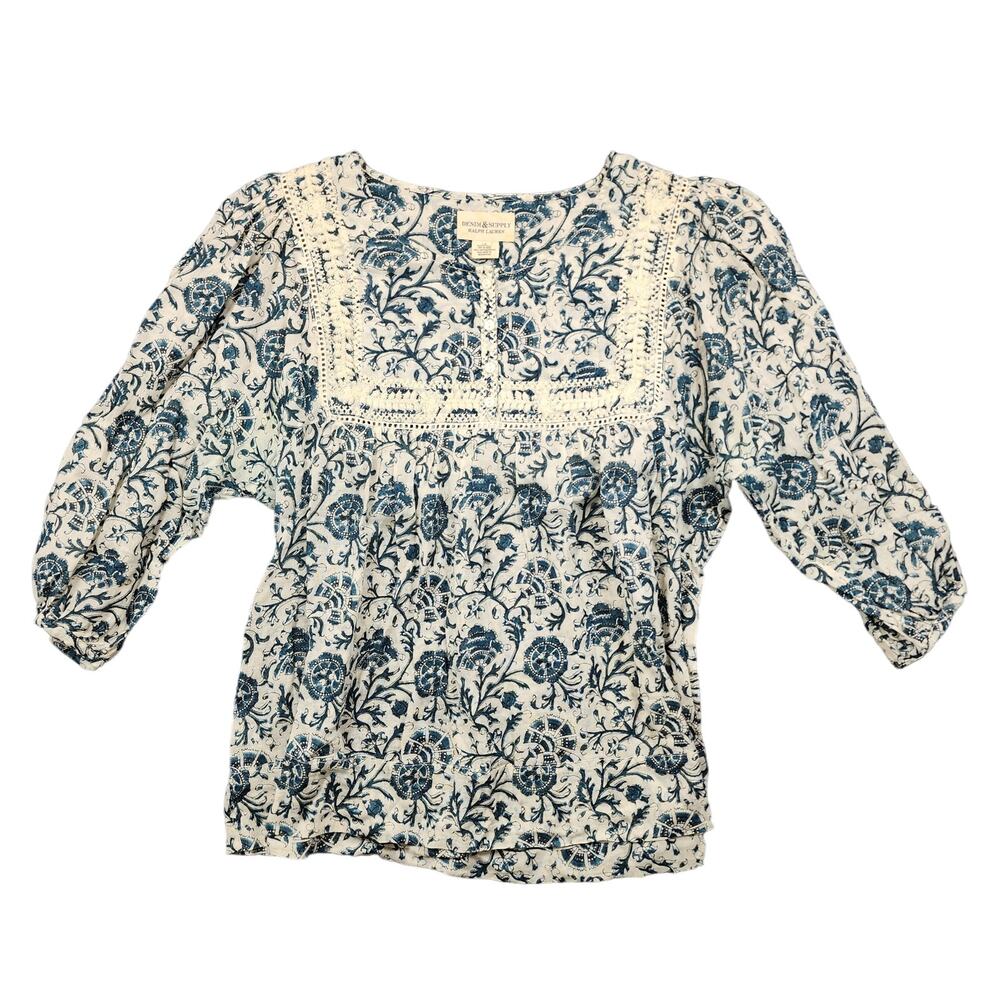Denim & Supply Ralph Lauren Womens Top Large Blue Floral Cottage Prairie Boho